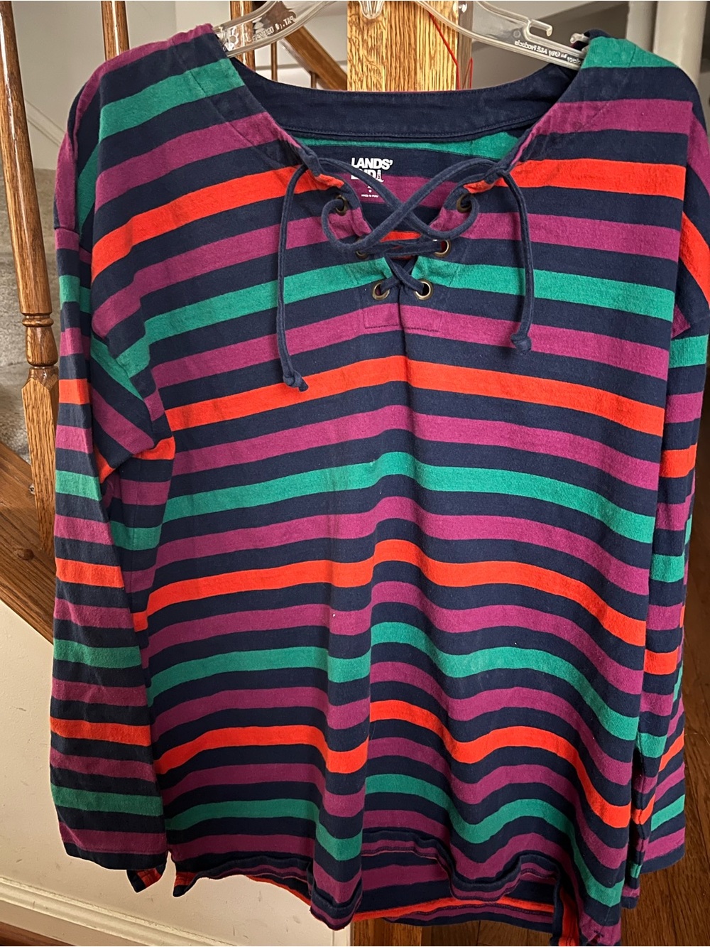 Lands' End Navy Lace-Up Striped Pullover with Teal, Purple & Red Bands